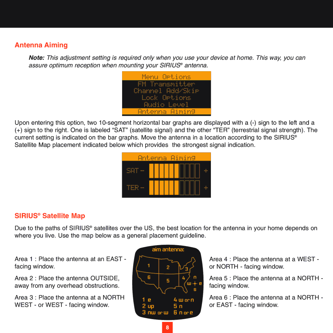 Sirius Satellite Radio XS025 instruction manual Antenna Aiming 