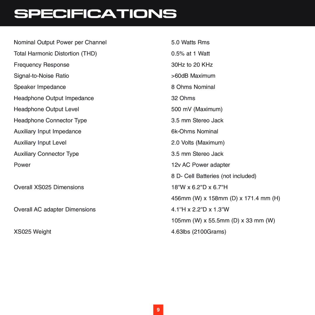 Sirius Satellite Radio XS025 instruction manual Specifications 