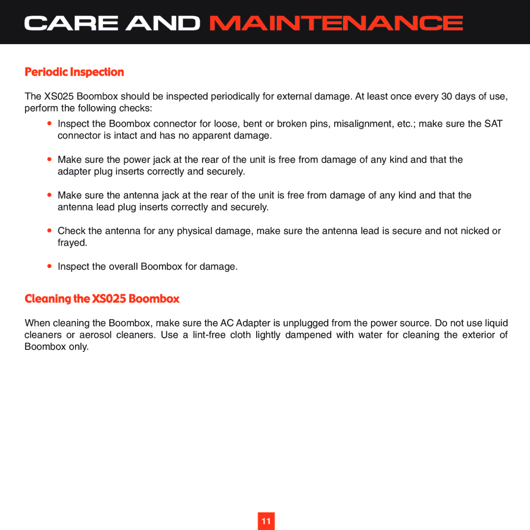 Sirius Satellite Radio XS025 instruction manual Care and Maintenance 