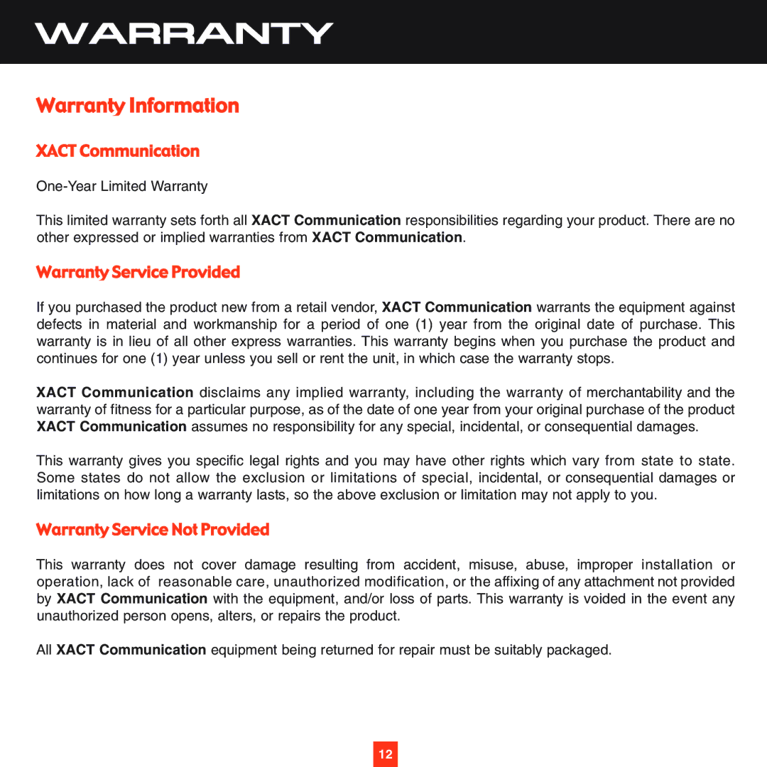 Sirius Satellite Radio XS025 instruction manual Warranty Information 