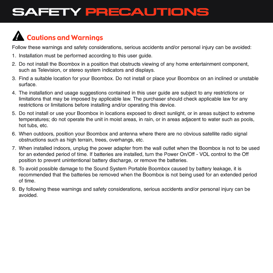 Sirius Satellite Radio XS025 instruction manual Safety Precautions 