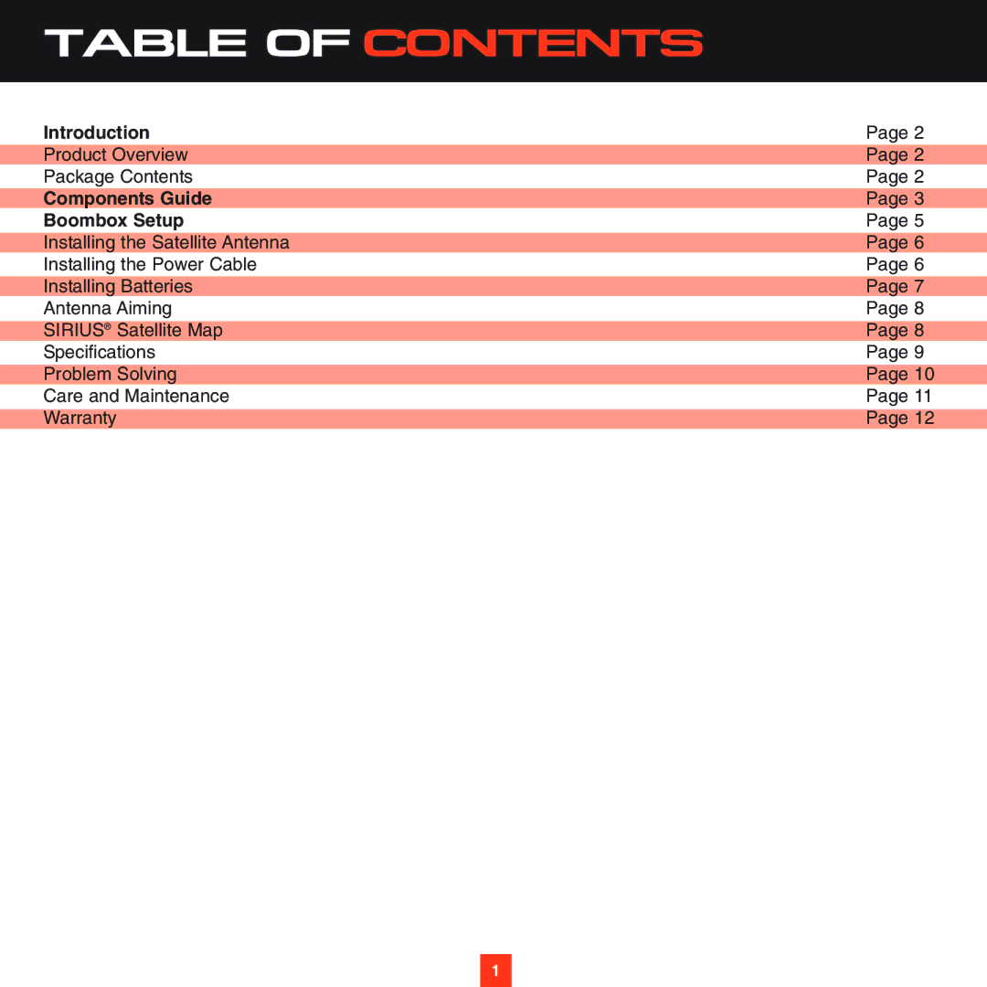 Sirius Satellite Radio XS025 instruction manual Table of Contents 