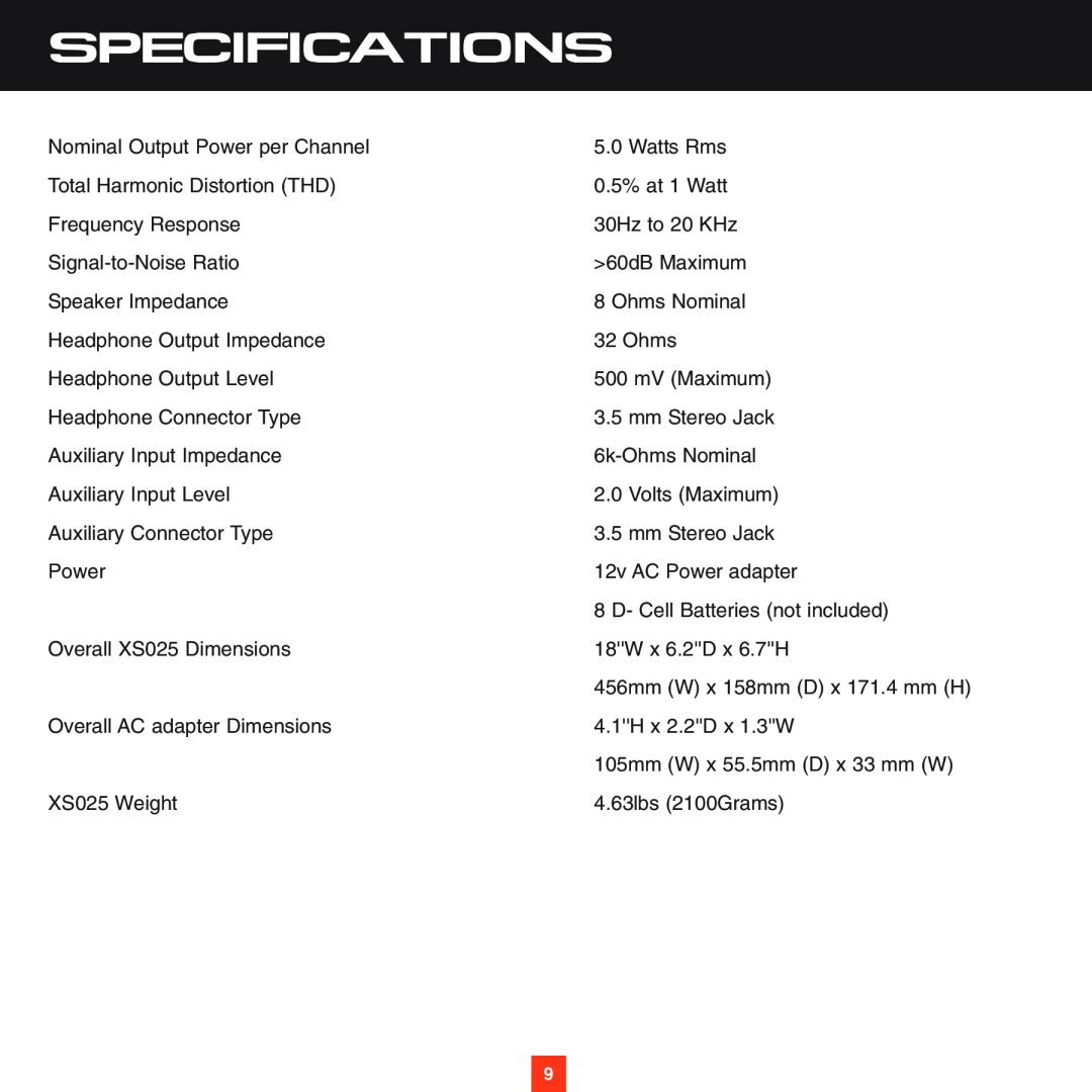 Sirius Satellite Radio XS025 instruction manual Specifications 