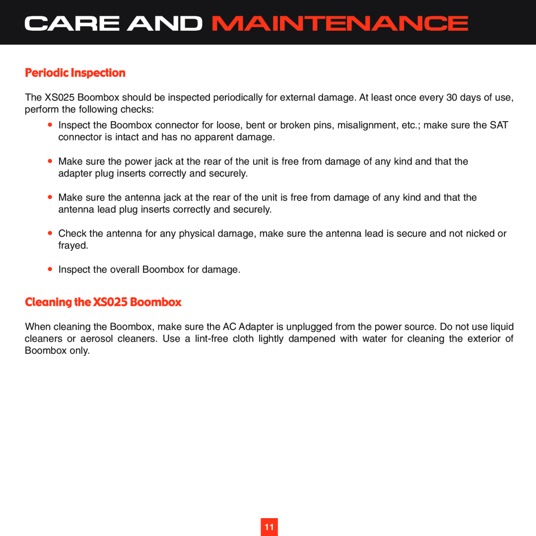 Sirius Satellite Radio instruction manual Care And Maintenance, Periodic Inspection, Cleaning the XS025 Boombox 