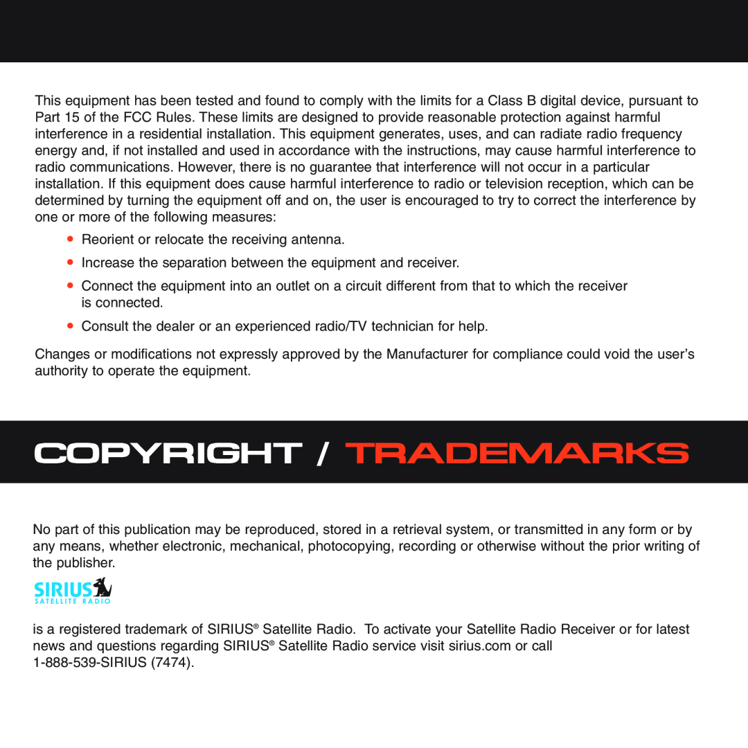 Sirius Satellite Radio XS025 instruction manual Copyright / Trademarks 