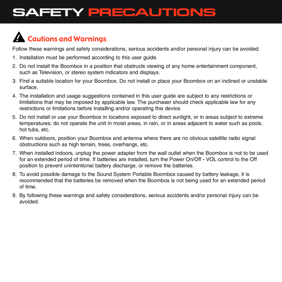 Sirius Satellite Radio XS025 instruction manual Safety Precautions, Cautions and Warnings 