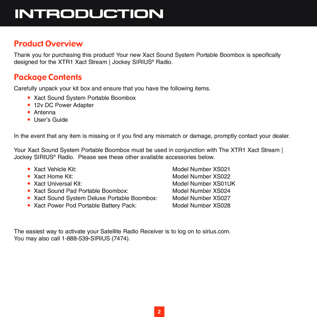 Sirius Satellite Radio XS025 instruction manual Introduction, Product Overview, Package Contents 