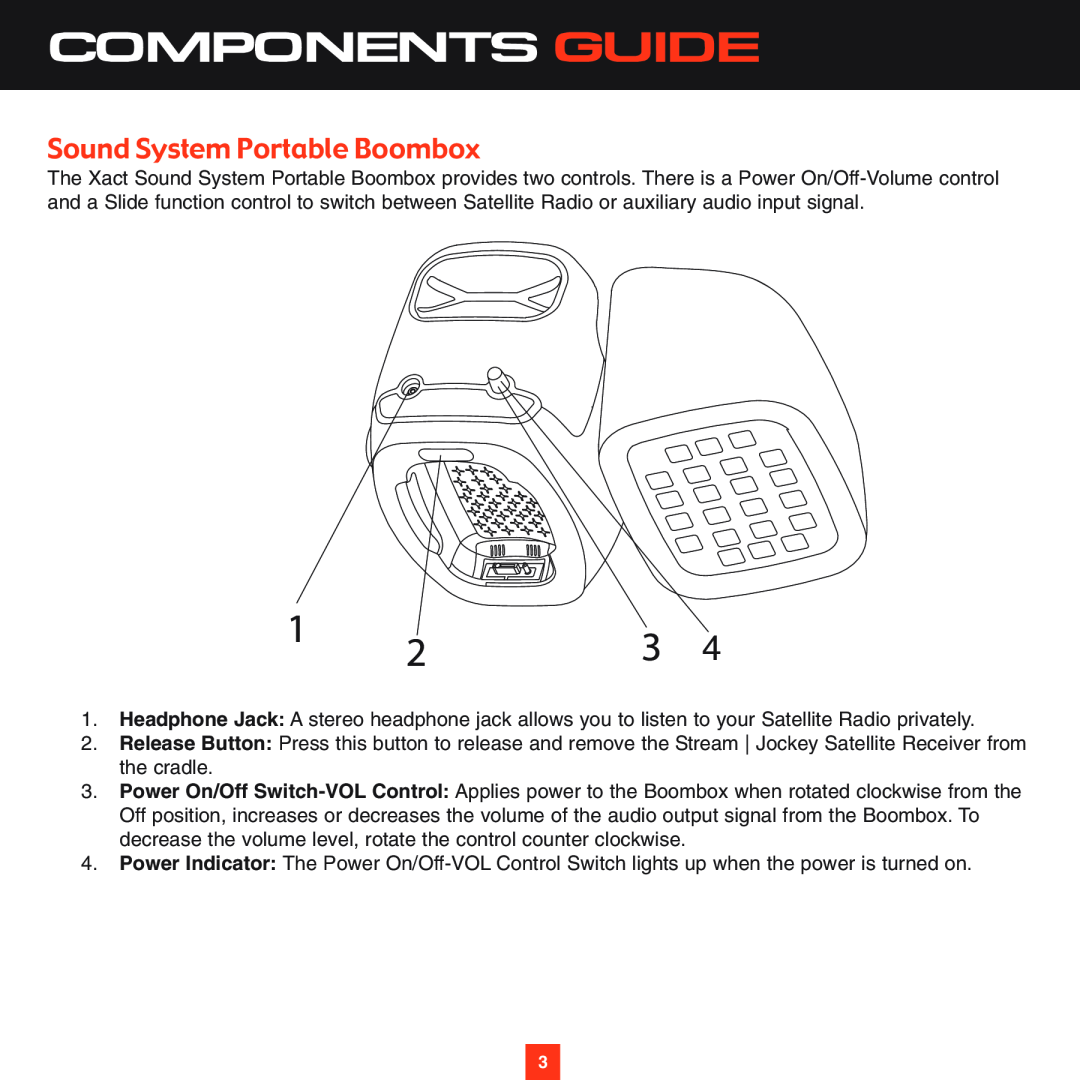Sirius Satellite Radio XS025 instruction manual Components Guide, Sound System Portable Boombox 