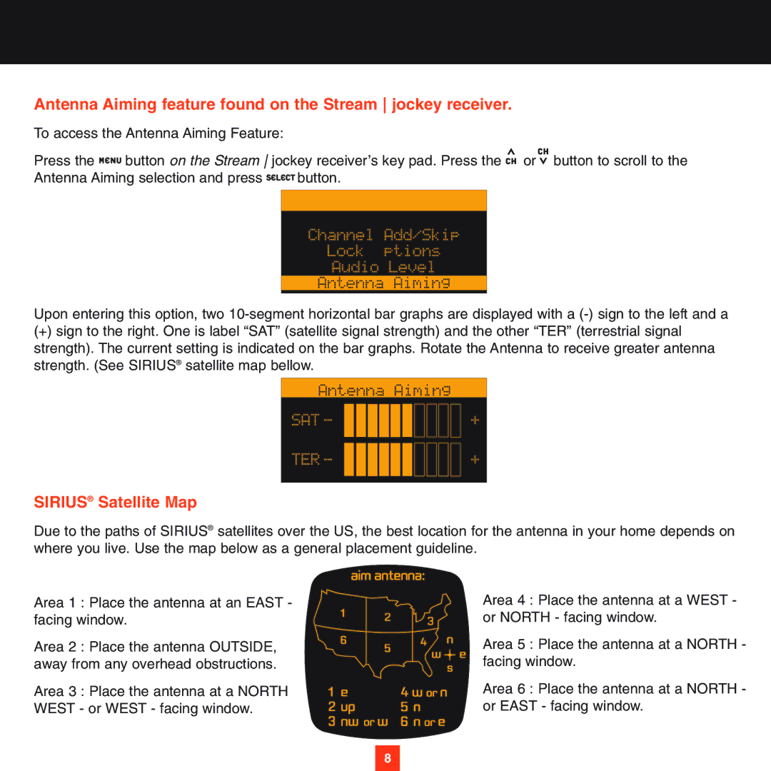 Sirius Satellite Radio XS028 instruction manual Antenna Aiming feature found on the Stream jockey receiver 