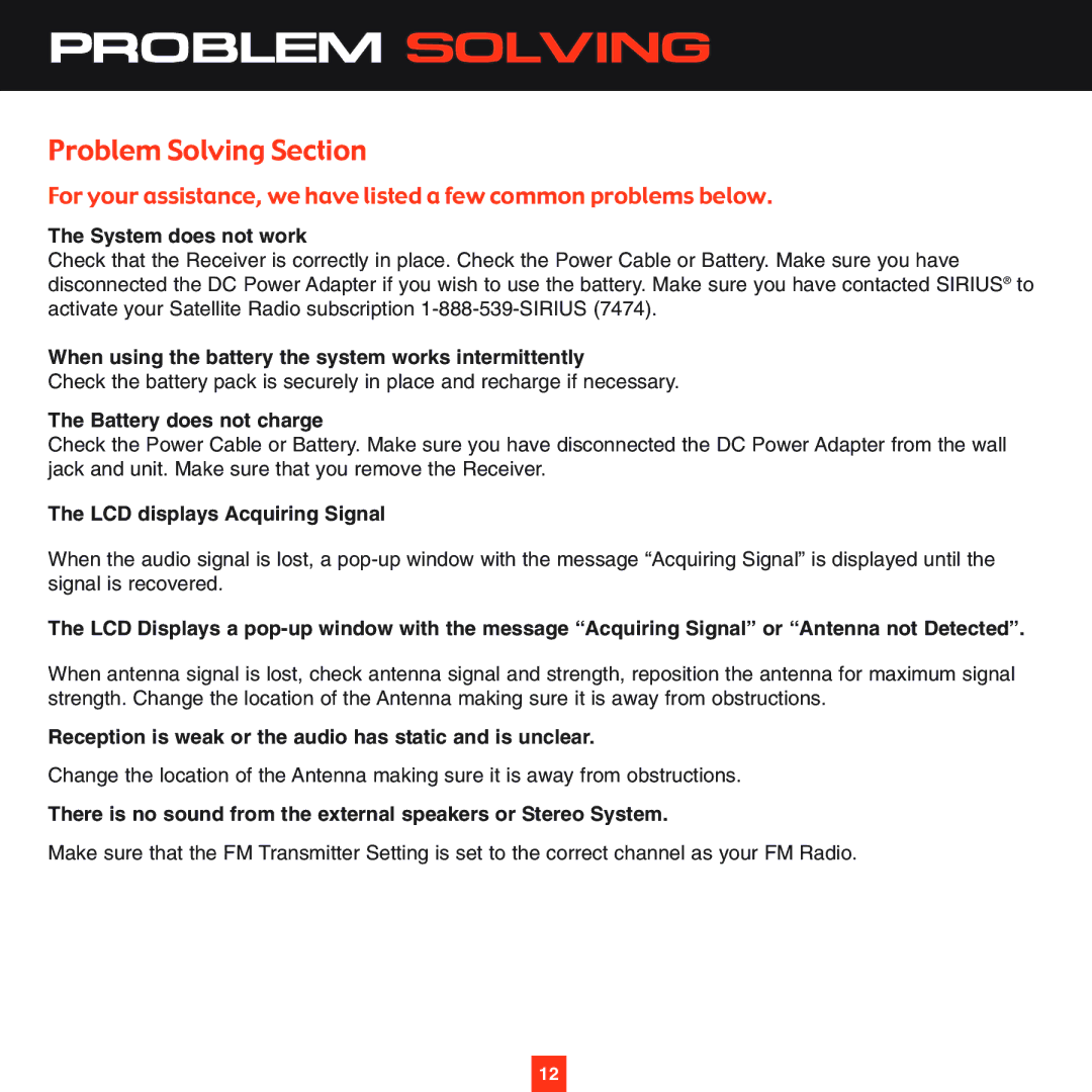 Sirius Satellite Radio XS028 instruction manual Problem Solving Section 