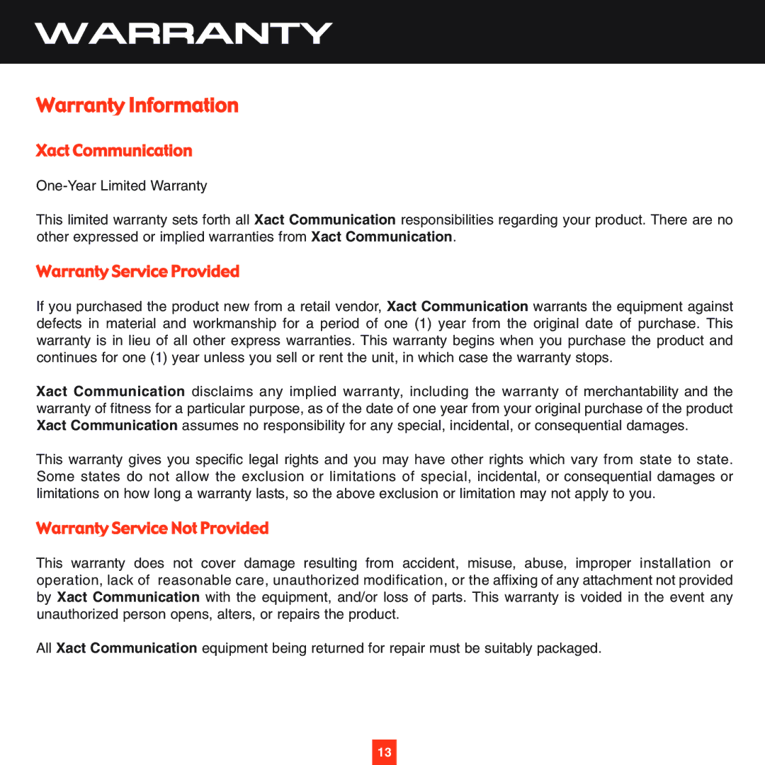 Sirius Satellite Radio XS028 instruction manual Warranty Information 