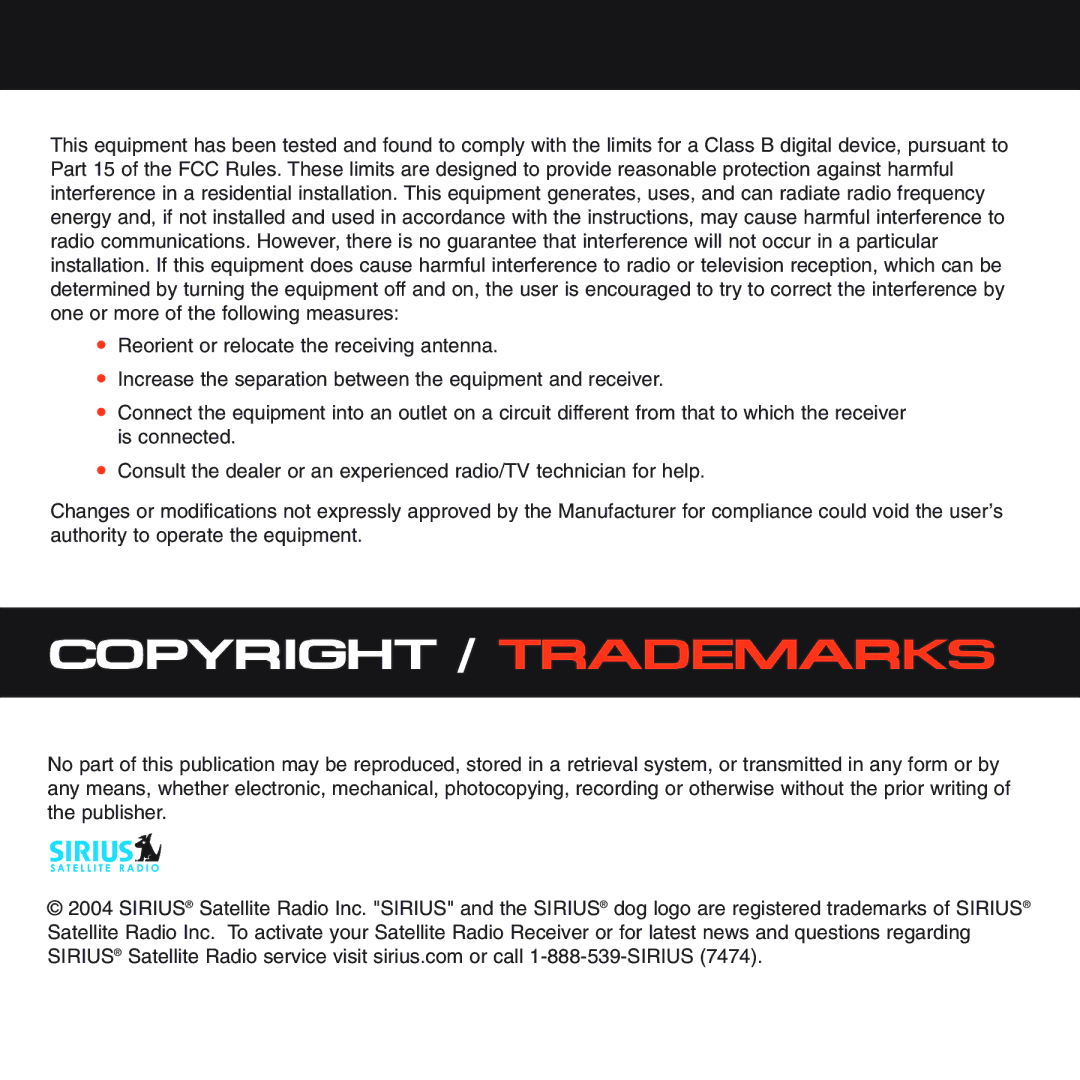 Sirius Satellite Radio XS028 instruction manual Copyright / Trademarks 