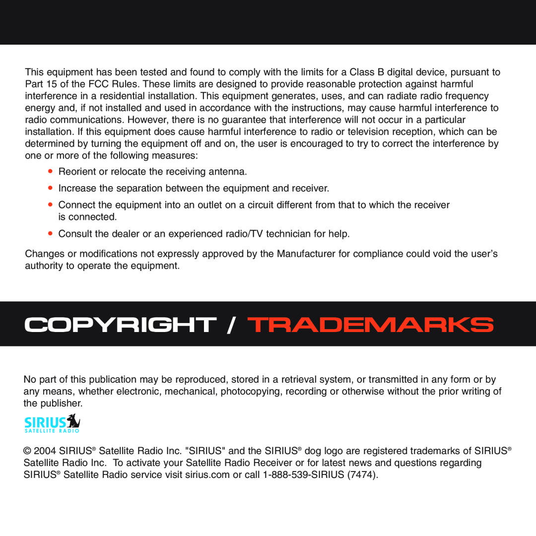 Sirius Satellite Radio XS028 instruction manual Copyright / Trademarks 