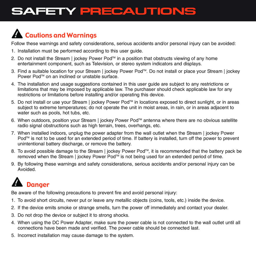 Sirius Satellite Radio XS028 instruction manual Safety Precautions, Cautions and Warnings, Danger 