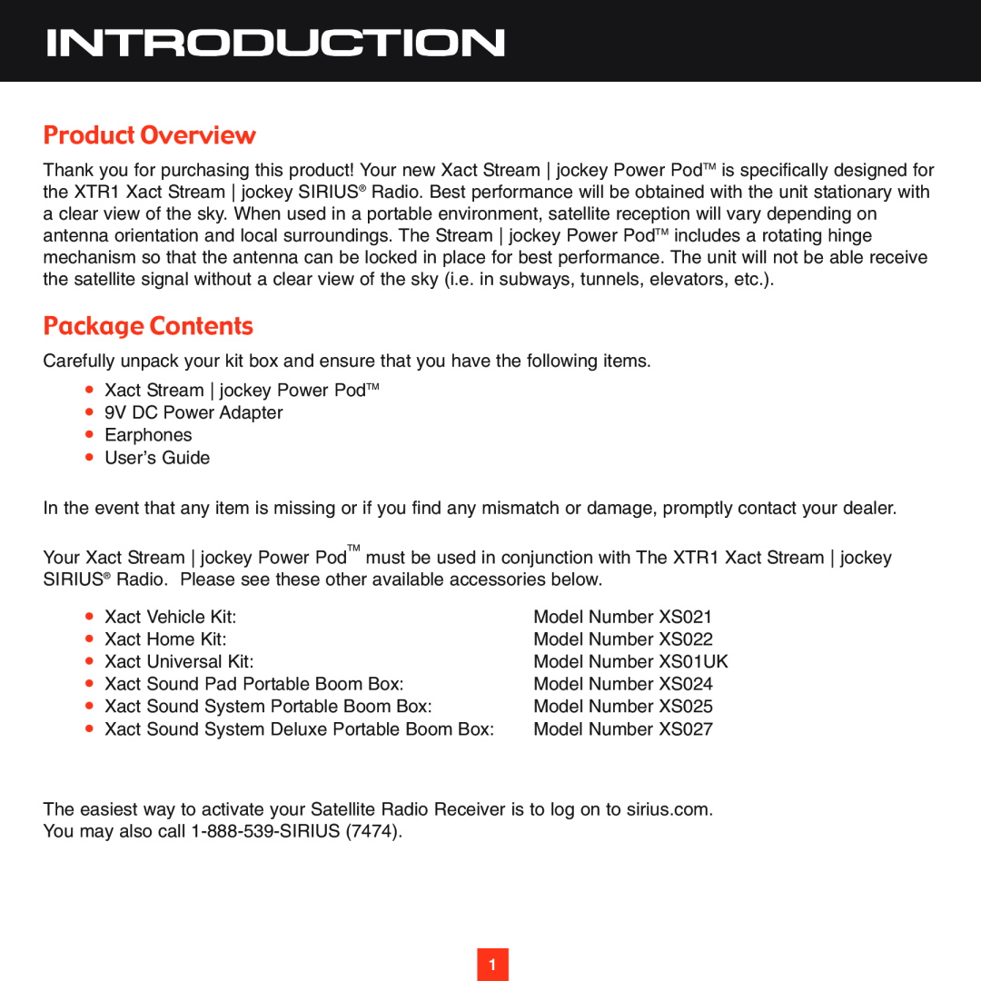 Sirius Satellite Radio XS028 instruction manual Introduction, Product Overview, Package Contents 