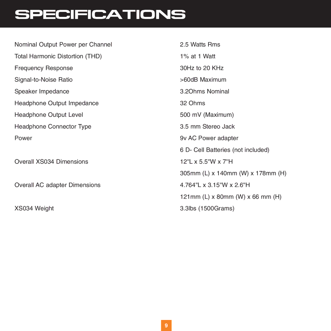 Sirius Satellite Radio XS034 instruction manual Specifications 