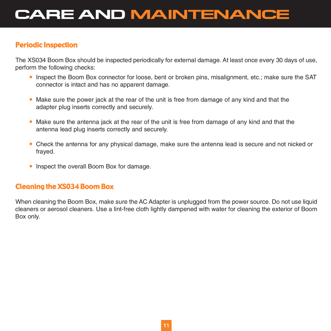 Sirius Satellite Radio XS034 instruction manual Care and Maintenance 