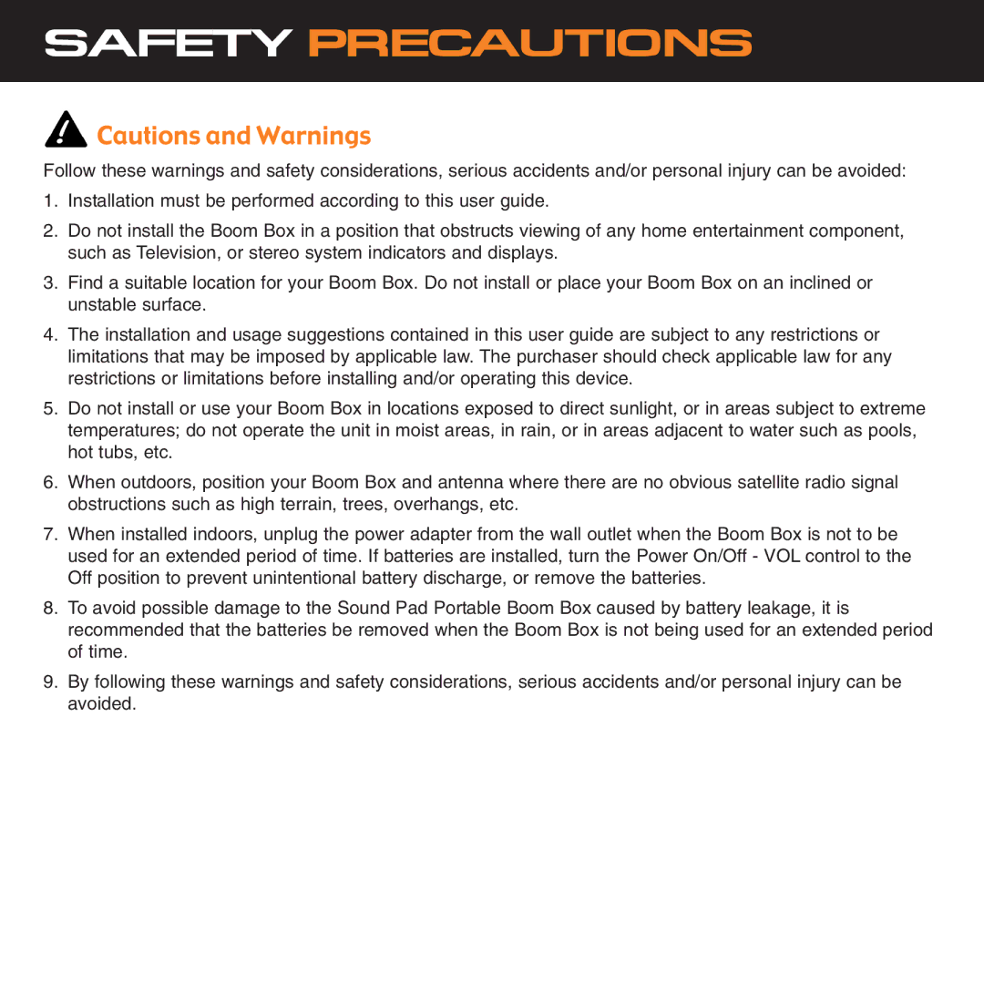 Sirius Satellite Radio XS034 instruction manual Safety Precautions 