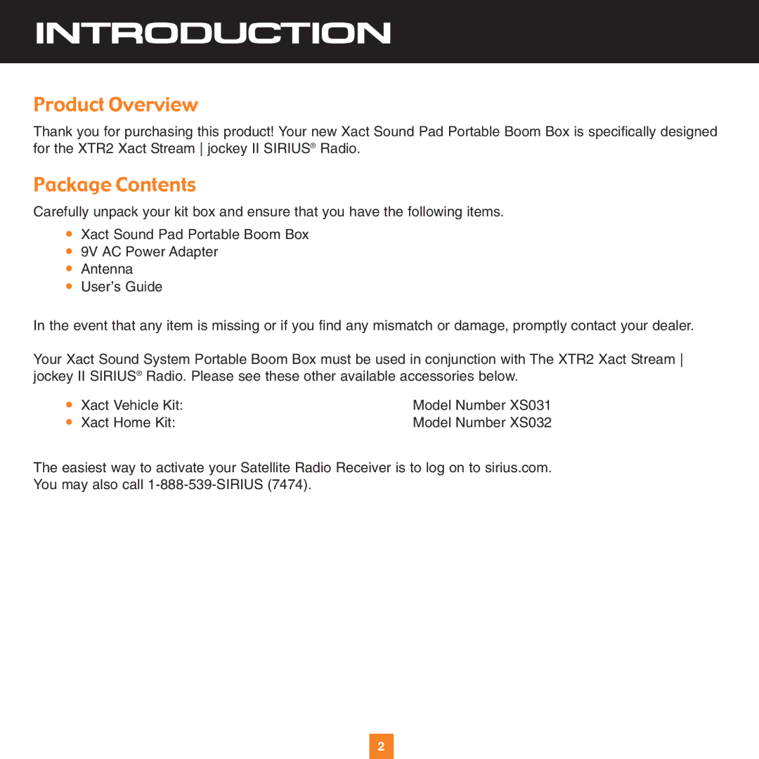 Sirius Satellite Radio XS034 instruction manual Introduction, Product Overview, Package Contents 