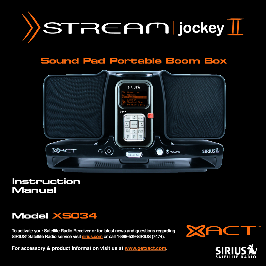 Sirius Satellite Radio XS034 instruction manual Sound Pad Portable Boom Box 