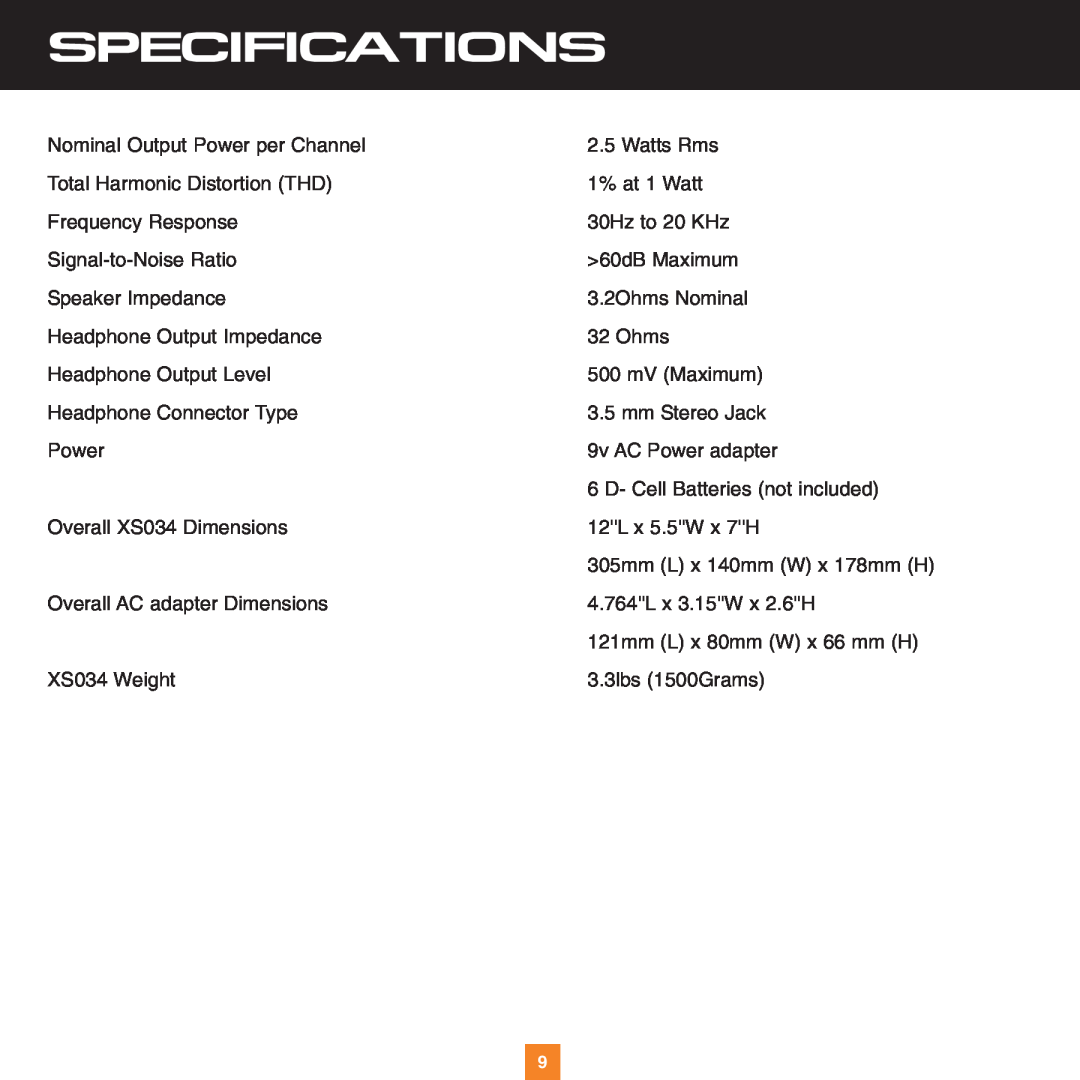 Sirius Satellite Radio XS034 instruction manual Specifications 