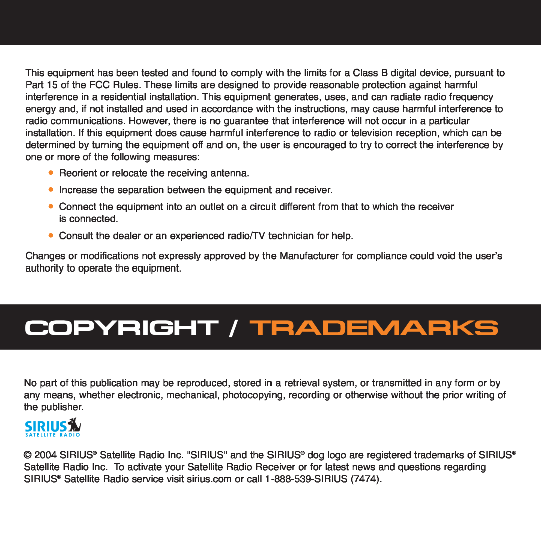 Sirius Satellite Radio XS034 instruction manual Copyright / Trademarks 