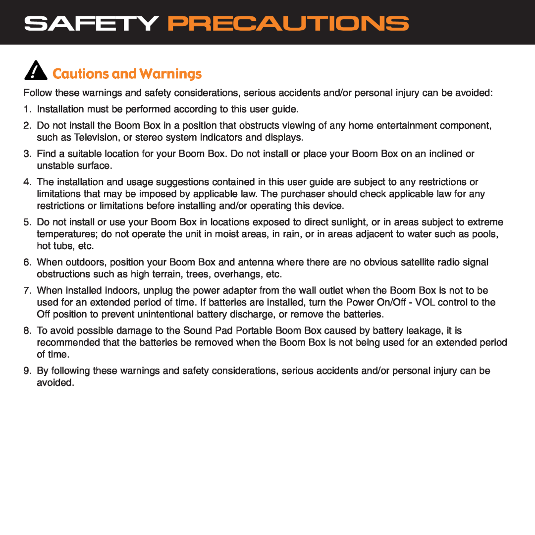 Sirius Satellite Radio XS034 instruction manual Safety Precautions, Cautions and Warnings 