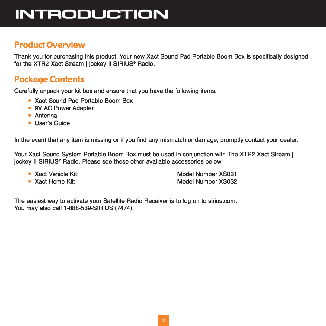 Sirius Satellite Radio XS034 instruction manual Introduction, Product Overview, Package Contents 