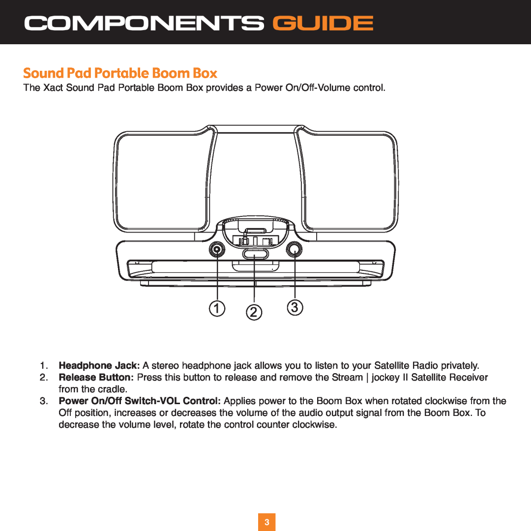 Sirius Satellite Radio XS034 instruction manual Components Guide, Sound Pad Portable Boom Box 
