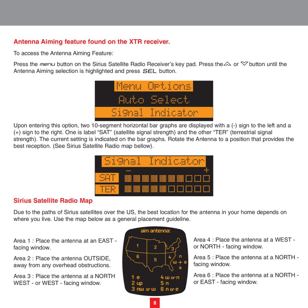 Sirius Satellite Radio XS075 instruction manual Antenna Aiming feature found on the XTR receiver 