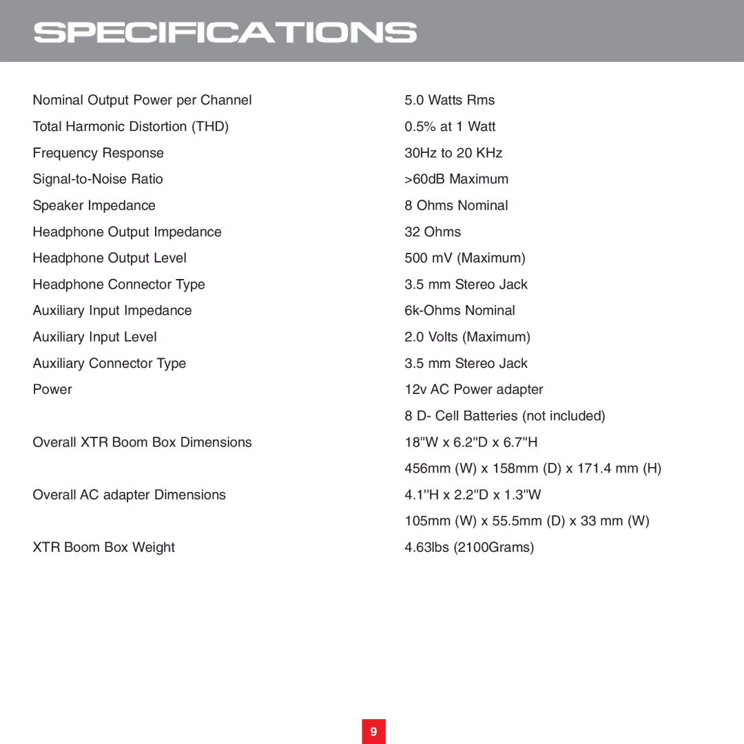 Sirius Satellite Radio XS075 instruction manual Specifications 