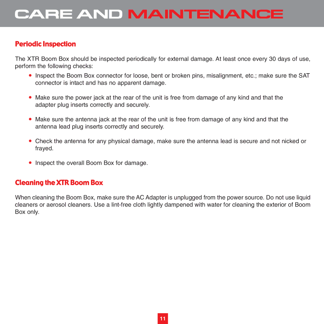 Sirius Satellite Radio XS075 instruction manual Care and Maintenance 