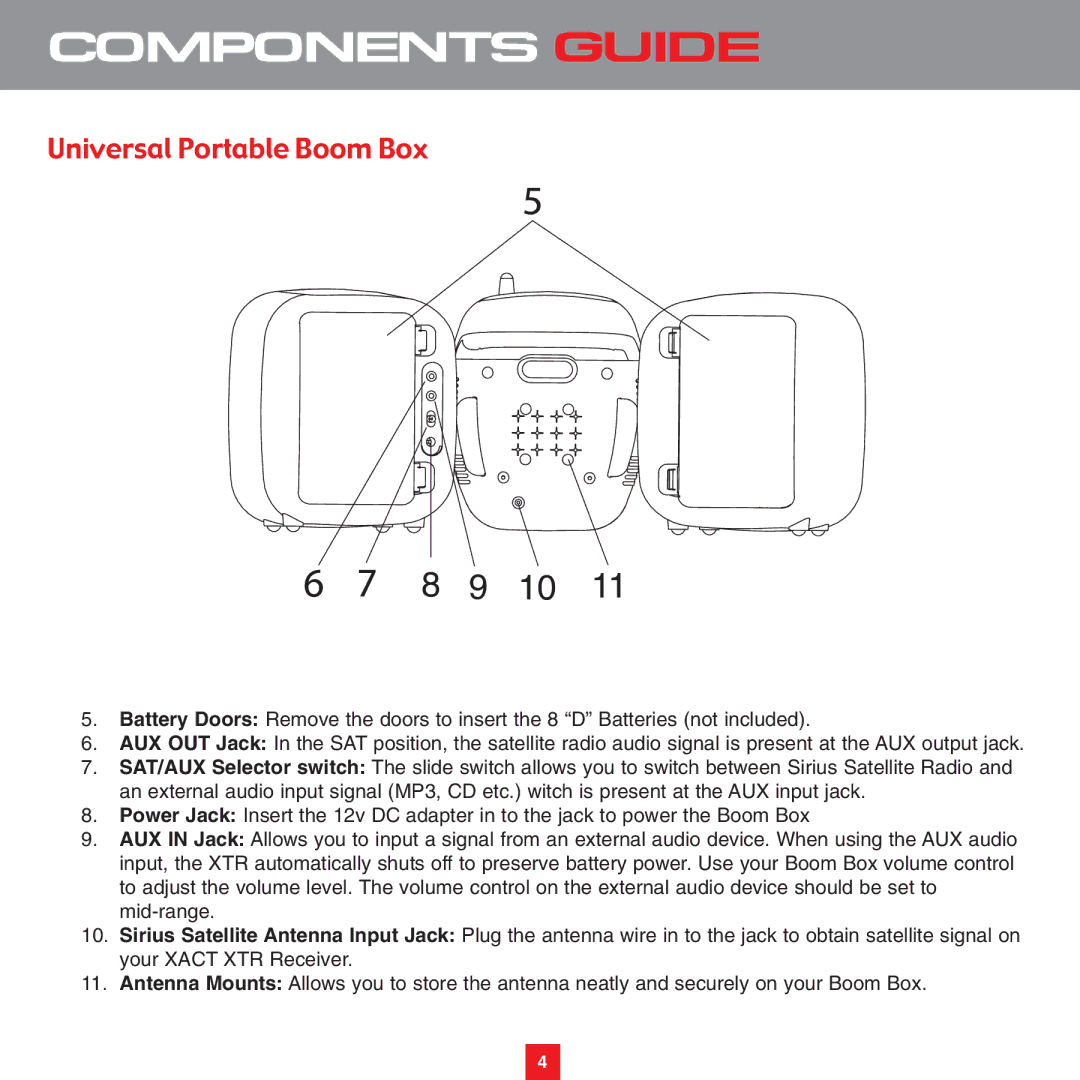 Sirius Satellite Radio XS075 instruction manual Universal Portable Boom Box 