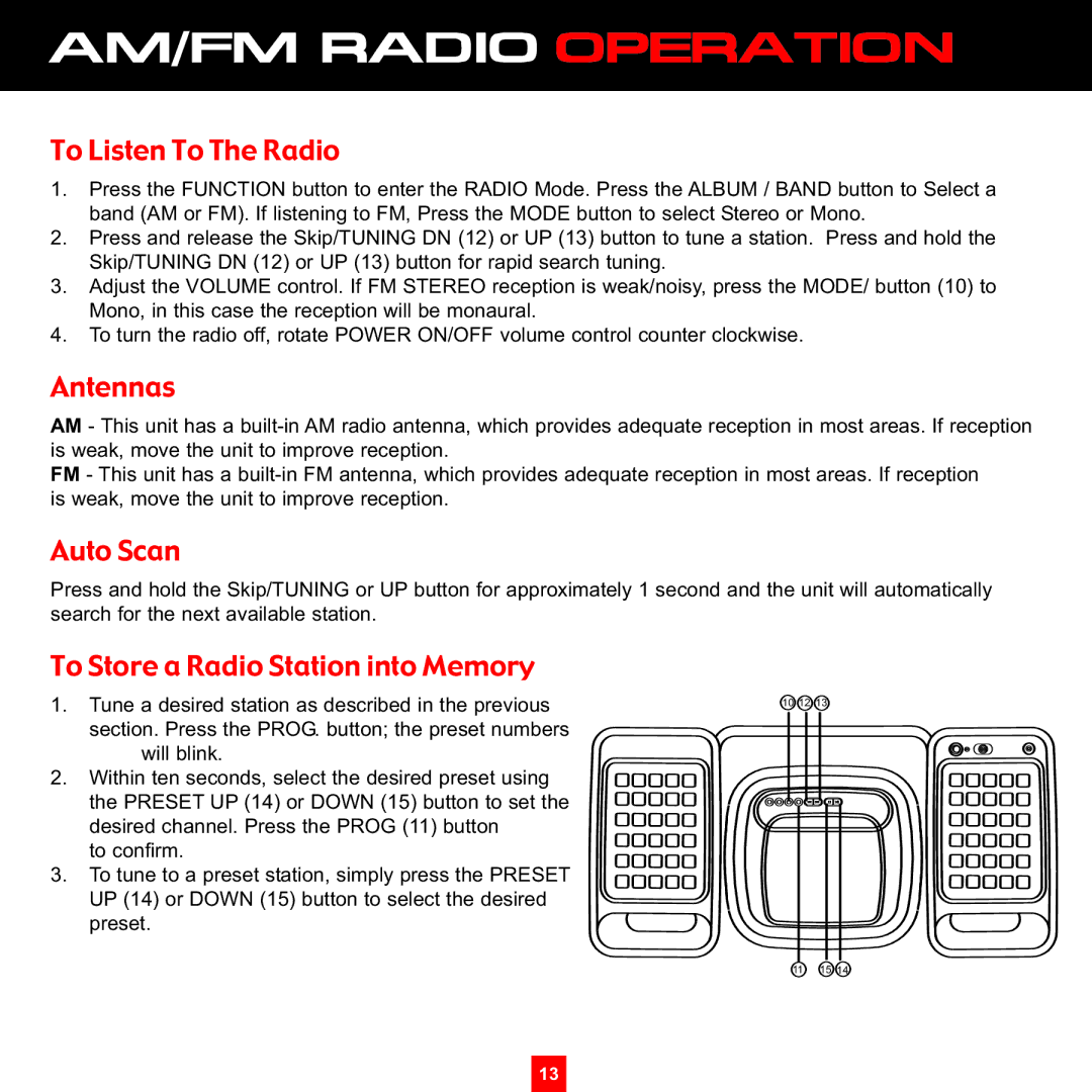 Sirius Satellite Radio XS097 instruction manual AM/FM Radio Operation, To Listen To The Radio, Antennas, Auto Scan 