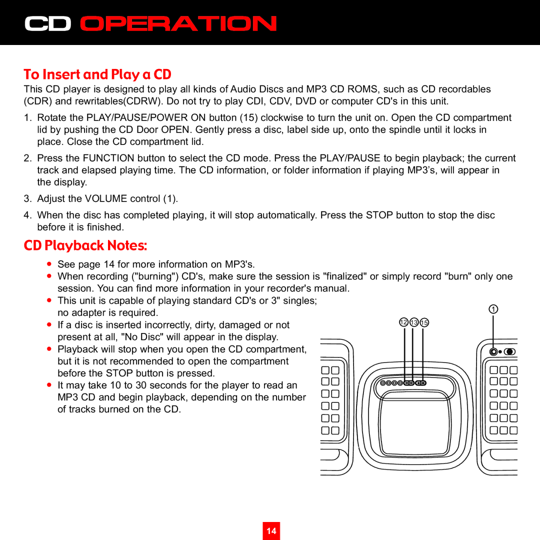 Sirius Satellite Radio XS097 instruction manual To Insert and Play a CD, CD Playback Notes 