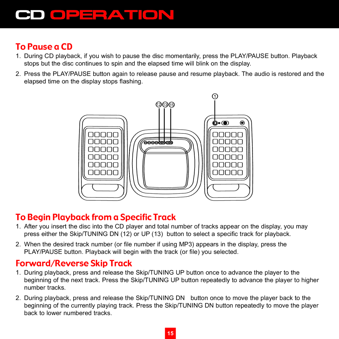 Sirius Satellite Radio XS097 To Pause a CD, To Begin Playback from a Specific Track, Forward/Reverse Skip Track 