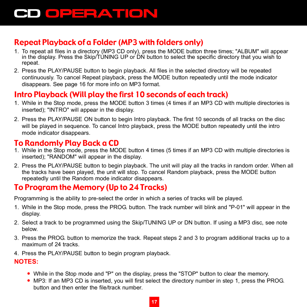 Sirius Satellite Radio XS097 Repeat Playback of a Folder MP3 with folders only, To Program the Memory Up to 24 Tracks 