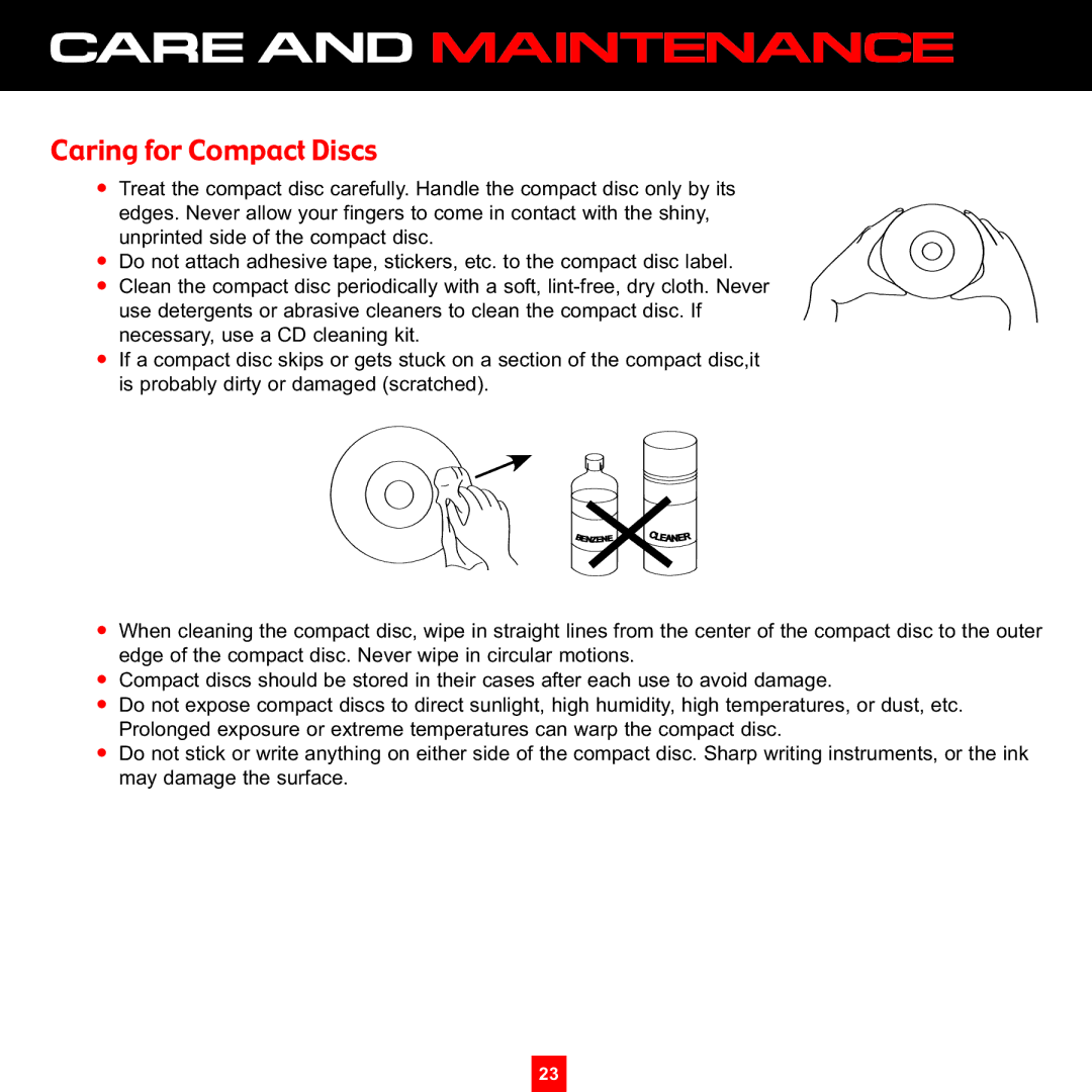 Sirius Satellite Radio XS097 instruction manual Care and Maintenance, Caring for Compact Discs 