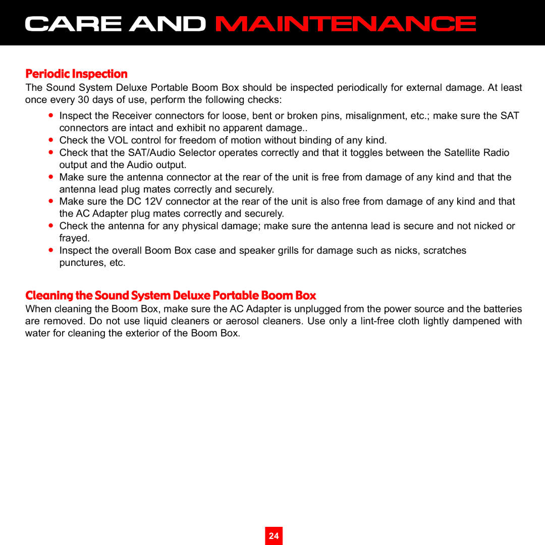 Sirius Satellite Radio XS097 instruction manual Care and Maintenance 