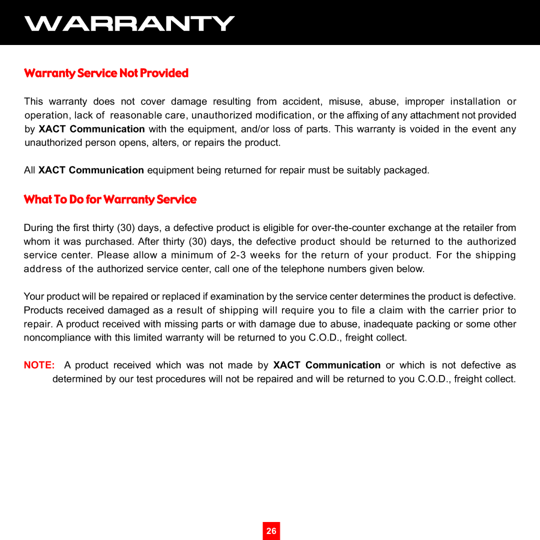 Sirius Satellite Radio XS097 instruction manual Warranty Service Not Provided 