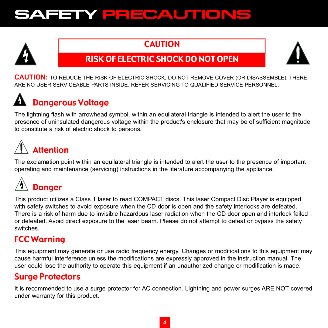 Sirius Satellite Radio XS097 instruction manual Risk of Electric Shock do not Open, FCC Warning Surge Protectors 