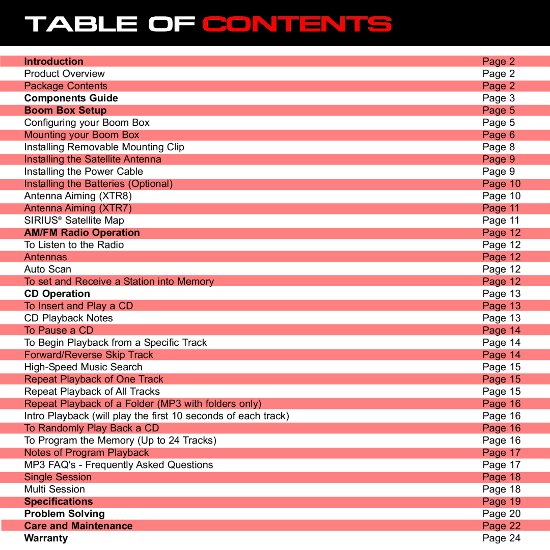 Sirius Satellite Radio XS097 instruction manual Table of Contents 