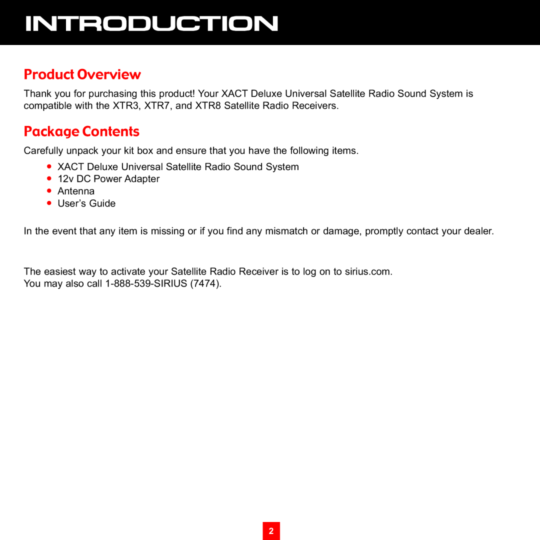 Sirius Satellite Radio XS097 instruction manual Introduction, Product Overview, Package Contents 