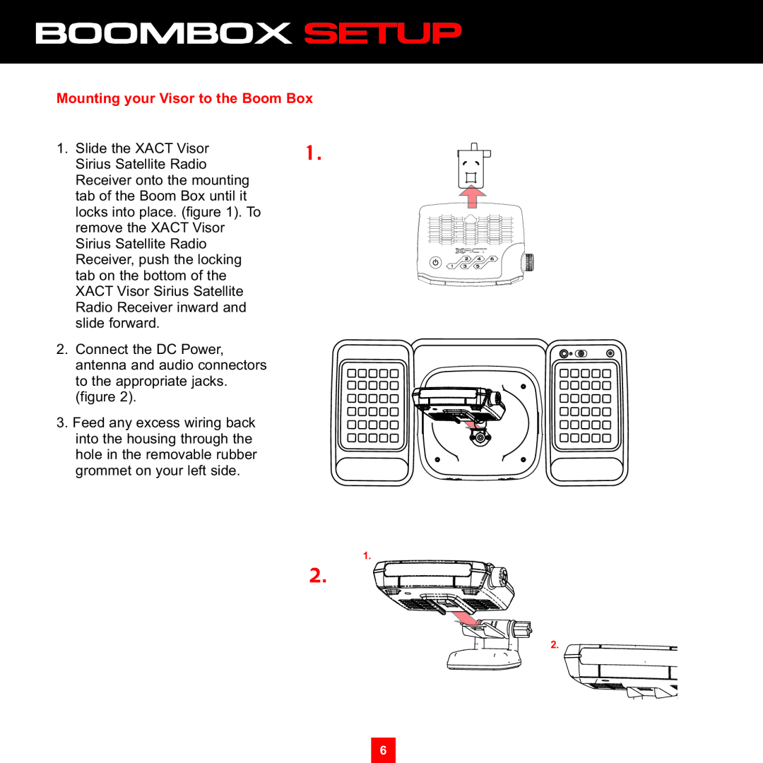 Sirius Satellite Radio XS097 instruction manual Boombox Setup, Mounting your Visor to the Boom Box 