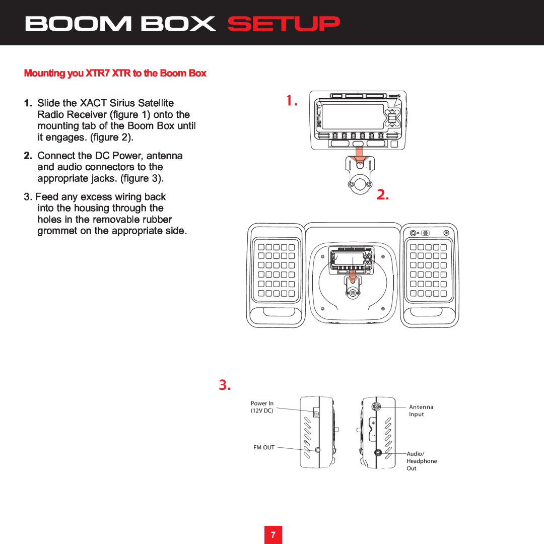 Sirius Satellite Radio XS097 instruction manual Boom Box Setup, Mounting you XTR7 XTR to the Boom Box 