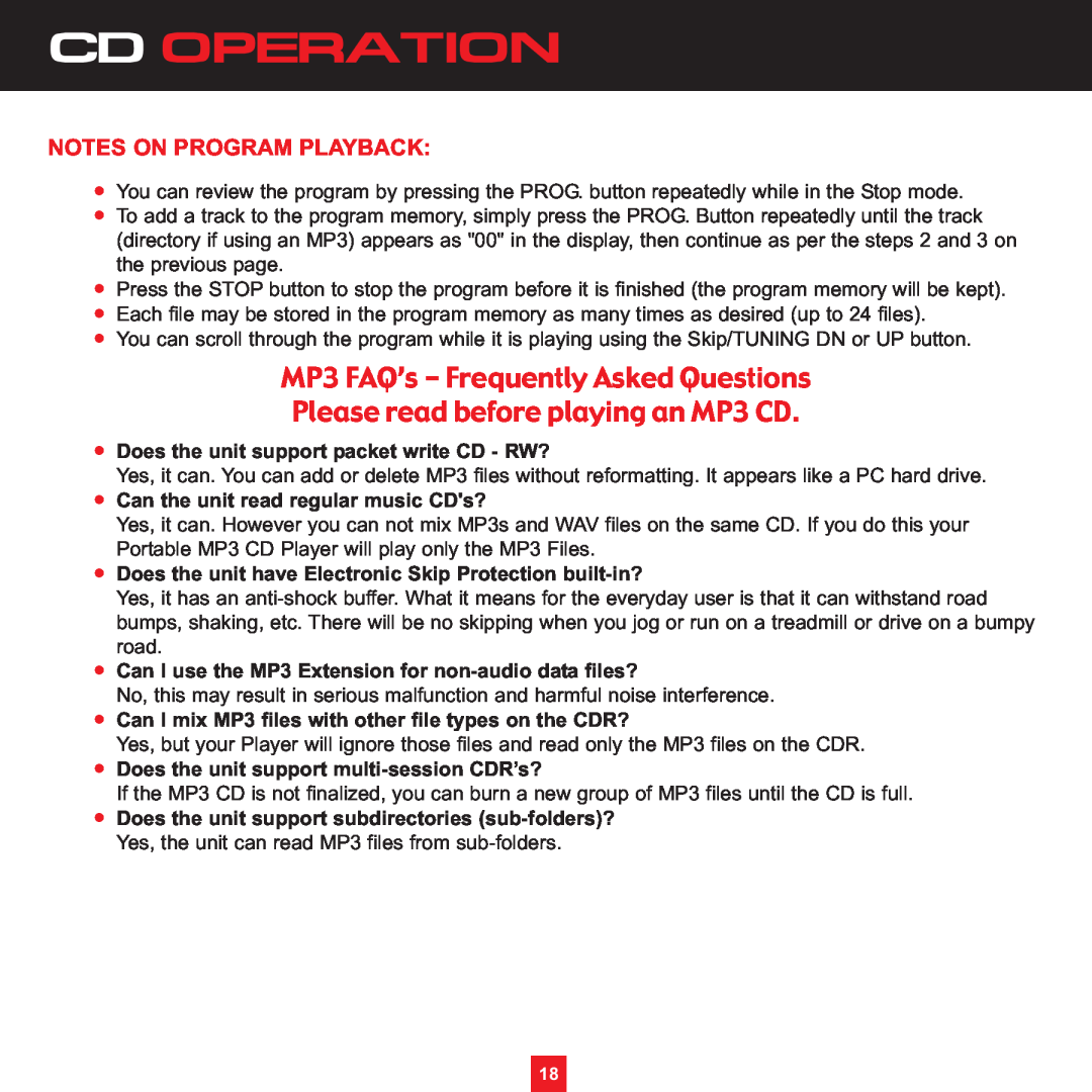 Sirius Satellite Radio XS097 MP3 FAQ’s - Frequently Asked Questions, Please read before playing an MP3 CD, Cd Operation 