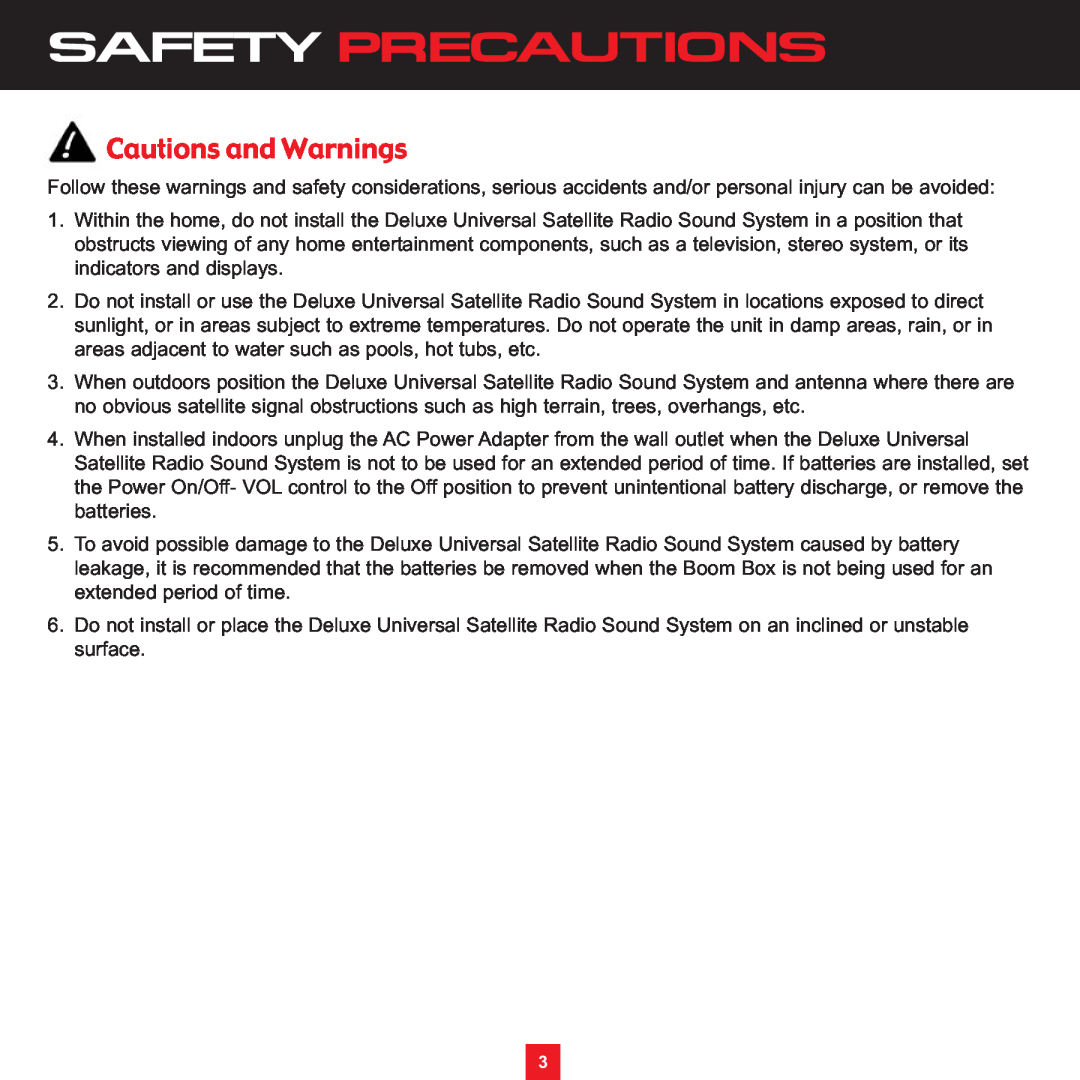 Sirius Satellite Radio XS097 instruction manual Safety Precautions, Cautions and Warnings 
