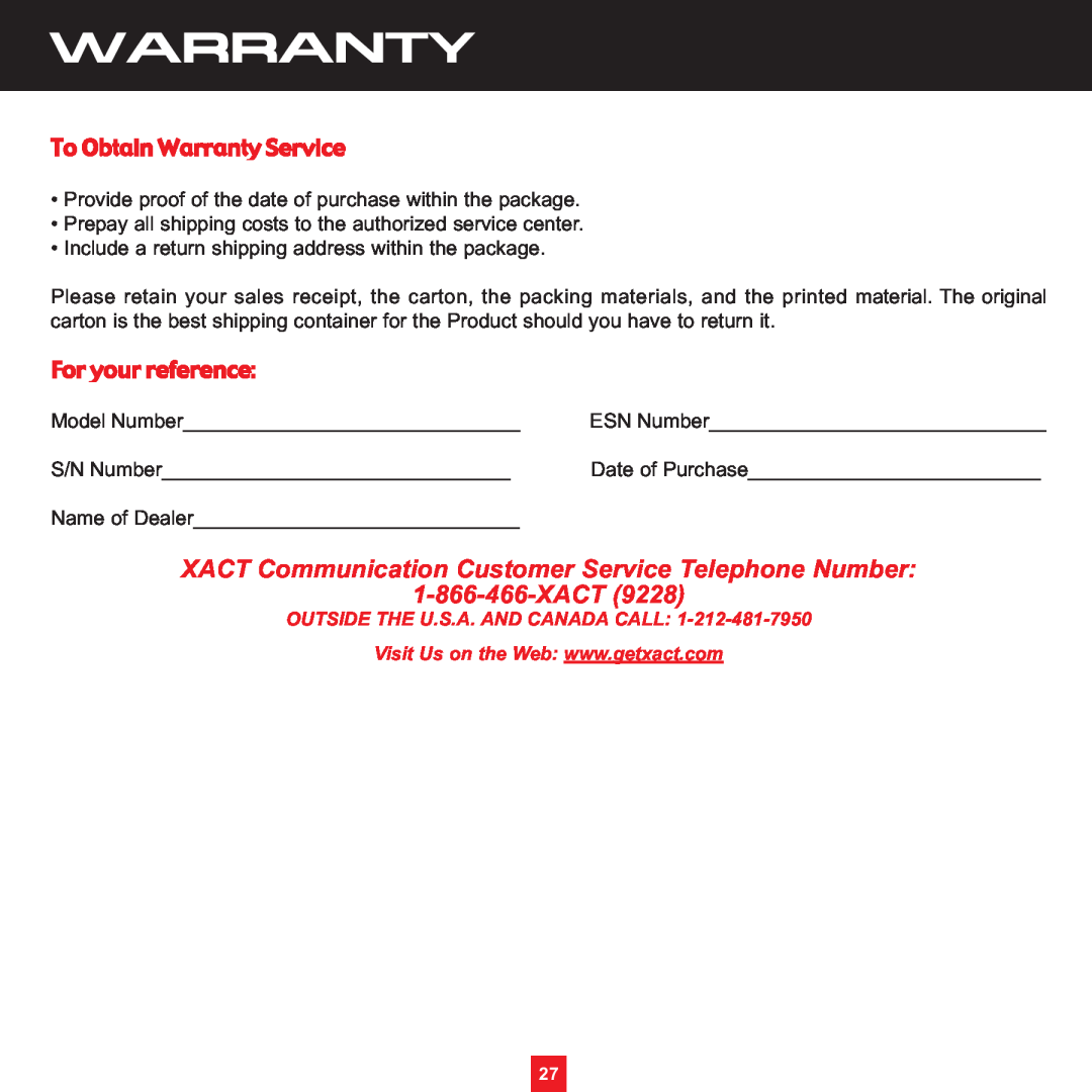 Sirius Satellite Radio XS097 instruction manual XACT9228, To Obtain Warranty Service, For your reference 