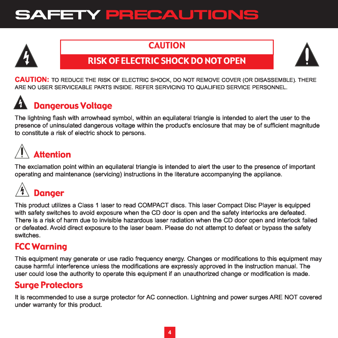 Sirius Satellite Radio XS097 instruction manual Dangerous Voltage, FCC Warning, Surge Protectors, Safety Precautions 