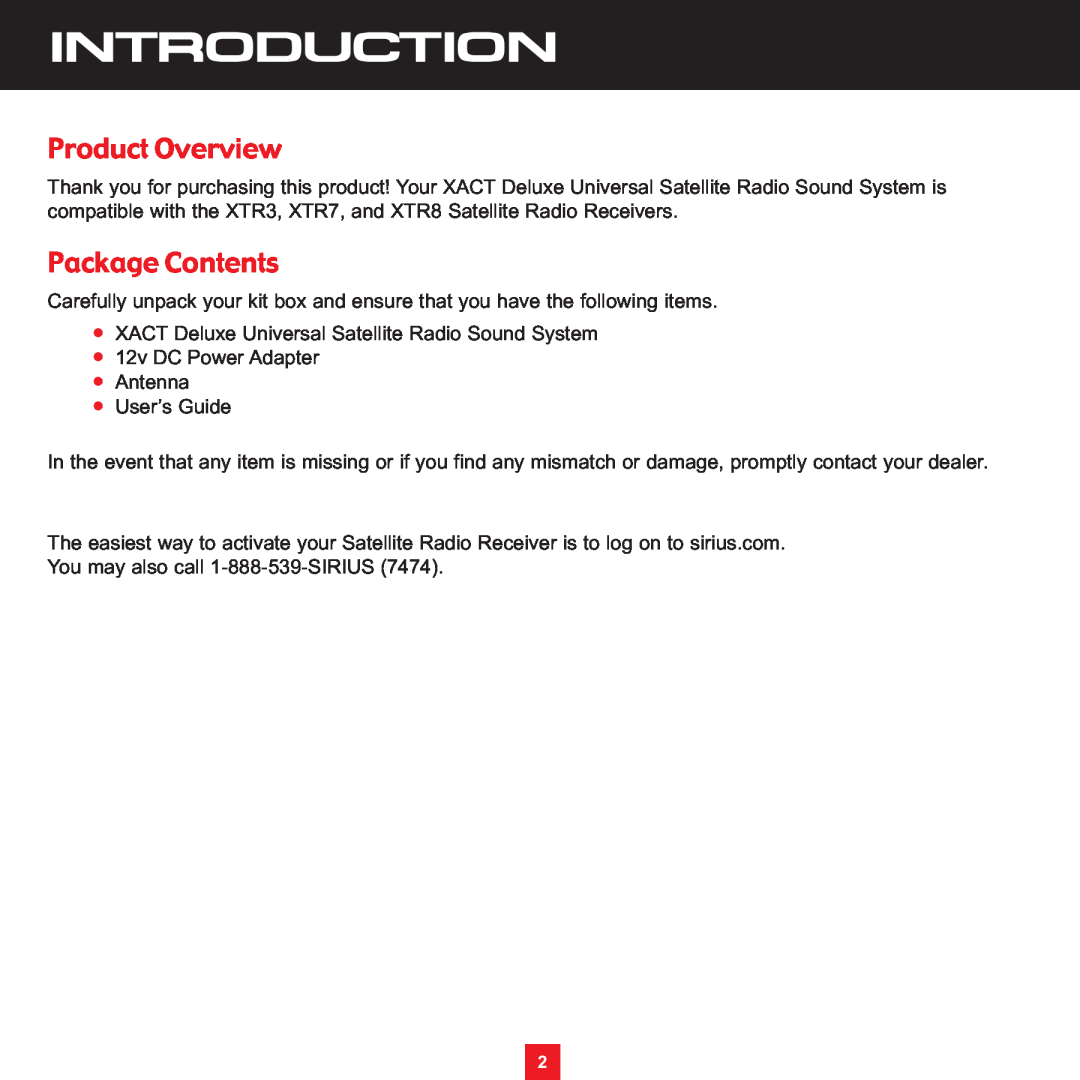 Sirius Satellite Radio XS097 instruction manual Introduction, Product Overview, Package Contents 